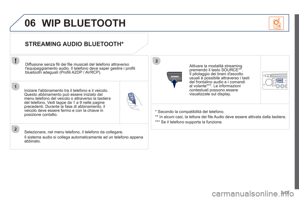 Peugeot Partner 2013 Manuale del proprietario (in Italian) 9.75
06
Iniziare labbinamento tra il telefono e il veicolo.Questo abbinamento può essere iniziato dal menu telefono del veicolo o attraverso la tastieradel telefono. Vedi tappe da 1 a 9 nelle pa Peugeot Partner 2013 Manuale del proprietario (in Italian) 9.75
06
Iniziare labbinamento tra il telefono e il veicolo.Questo abbinamento può essere iniziato dal menu telefono del veicolo o attraverso la tastieradel telefono. Vedi tappe da 1 a 9 nelle pa