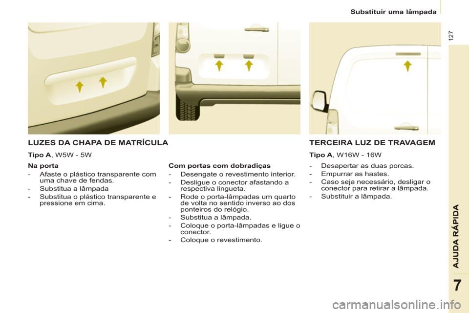 Peugeot Partner 2013  Manual do proprietário (in Portuguese)    
 
Substituir uma lâmpada  
 
127
7
 
LUZES DA CHAPA DE MATRÍCULA 
 
 
 
 
-   Desapertar as duas porcas. 
   
-   Empurrar as hastes. 
   
-   Caso seja necessário, desligar o 
conector para re