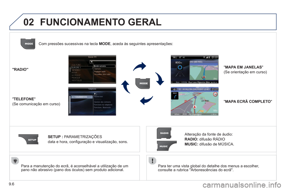 Peugeot Partner 2013  Manual do proprietário (in Portuguese) 9.6
02
   Para ter uma vista global do detalhe dos menus a escolher,consulte a rubrica "Arborescências do ecrã".  
     
Para a manutenção do ecrã, é aconselhável a utilização de um pano não