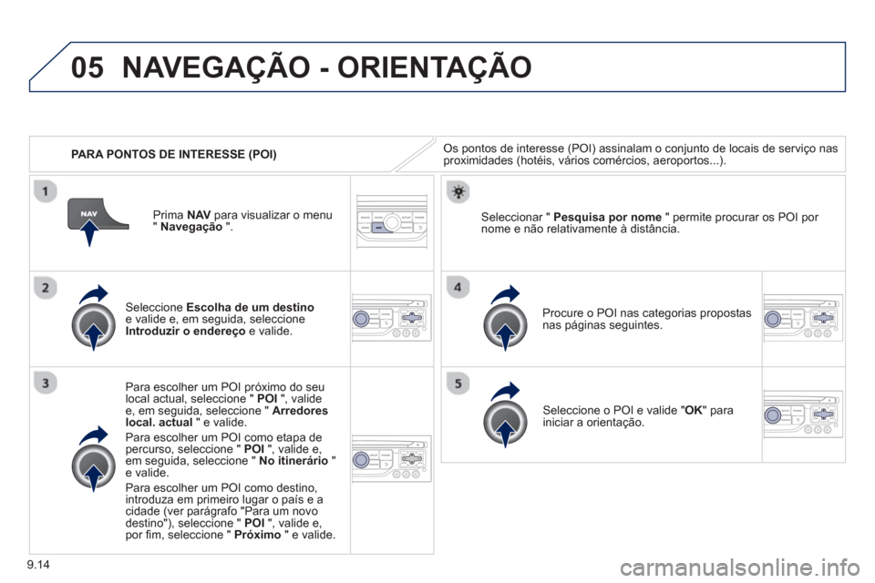 Peugeot Partner 2013  Manual do proprietário (in Portuguese) 9.14
05
   
 
PARA PONTOS DE INTERESSE (POI)
NAVEGAÇÃO - ORIENTAÇÃO
Os pontos de interesse (POI) assinalam o conjunto de locais de serviço nasproximidades (hotéis, vários comércios, aeroportos