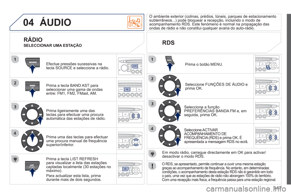 Peugeot Partner 2013  Manual do proprietário (in Portuguese) 9.67
04  ÁUDIO 
 
Efectue pressões sucessivas na
tecla SOURCE e seleccione a rádio.  
   
Prima a tecla BAND A
ST paraseleccionar uma gama de ondasentre: FM1, FM2, FMast, AM.  
   
Prima ligeiramen