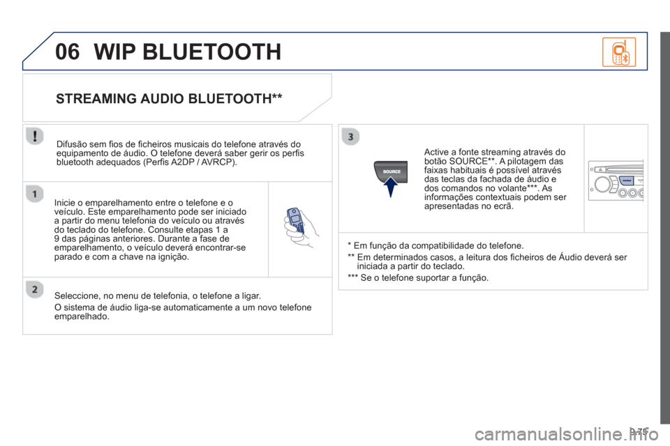Peugeot Partner 2013  Manual do proprietário (in Portuguese) 9.75
06
   
Inicie o emparelhamento entre o telefone e o
veículo. Este emparelhamento pode ser iniciado
a partir do menu telefonia do veículo ou através
do teclado do tele
fone. Consulte etapas 1 a