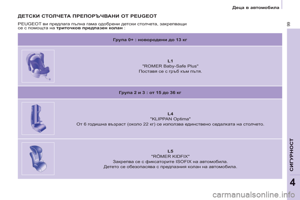 Peugeot Partner 2013  Ръководство за експлоатация (in Bulgarian)    
 
Деца в автомобила 
 
 
99
СИГУРНОС
Т
4
 
 
ДЕТСКИ СТОЛЧЕТА ПРЕПОРЪЧВАНИ ОТ PEUGEOT 
 
PEUGEOT ви предлага пълна гама одо