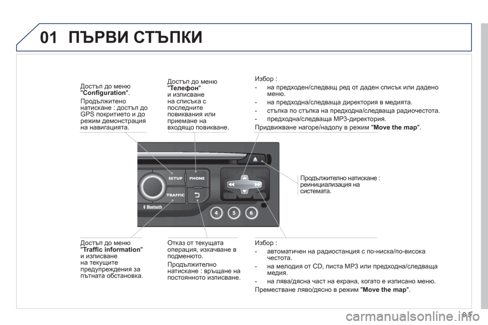 Peugeot Partner 2013  Ръководство за експлоатация (in Bulgarian) 9.5
01
Избор : 
-   автоматичен на радиостанция с по-ниска /по-висока 
ч
естота. 
-   на мелодия от  
CD, писта MP3 или пред