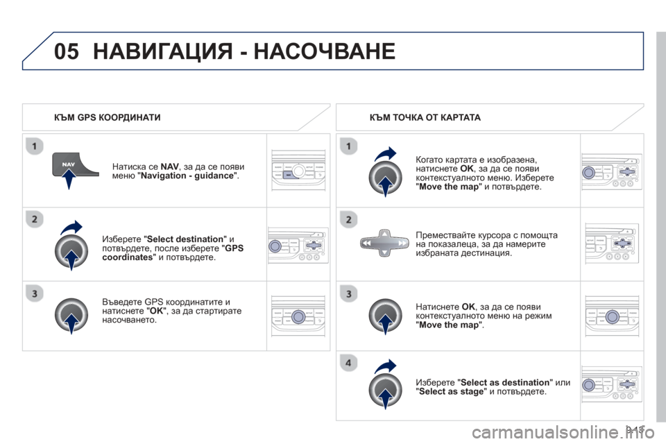 Peugeot Partner 2013  Ръководство за експлоатация (in Bulgarian) 9.13
05
  
Изберете "Select destination " и
потвърдете , после изберете "GPS coordinates " и потвърдете.  
  
Въведете  
GPS координатите