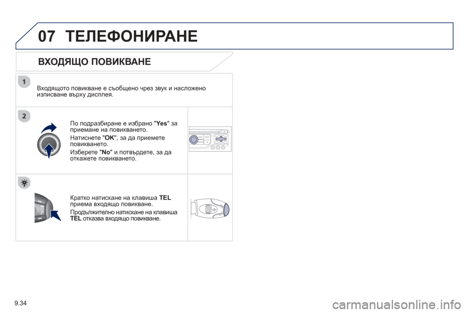 Peugeot Partner 2013  Ръководство за експлоатация (in Bulgarian) 9.34
07ТЕЛЕФОНИРАНЕ 
  
ВХОДЯЩО ПОВИКВАНЕ
  
Входящото повикване е съобщено чрез  звук и насложеноизписване върху