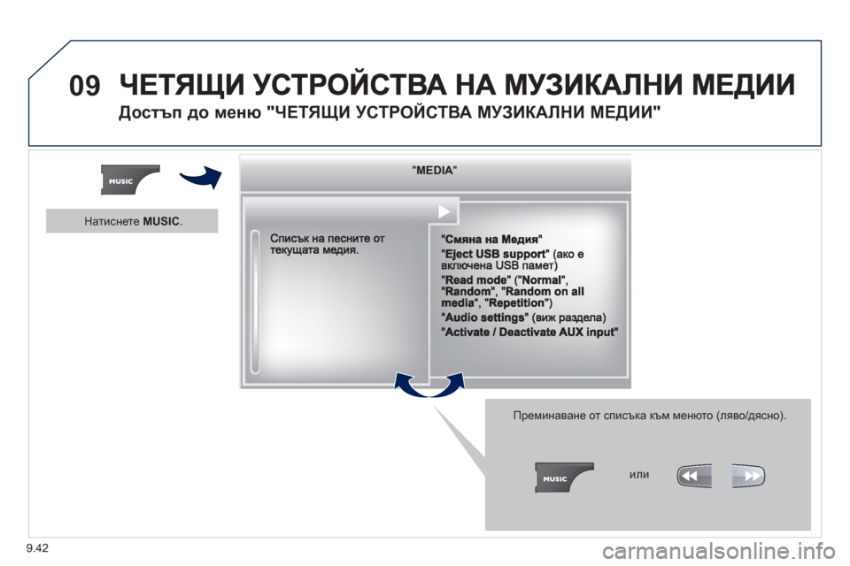 Peugeot Partner 2013  Ръководство за експлоатация (in Bulgarian) 9.42
09
Достъп до меню " ЧЕТЯЩИ УСТРОЙСТВА  МУЗИКАЛНИ МЕДИИ" 
""""""""MEDIAMEDIAMEDIAMEDIAMEDIAMEDIAMEDIAMEDIAMEDIAMEDIAMEDIAMEDIAMEDIAMEDIAMEDIAMEDIAMEDIAMED