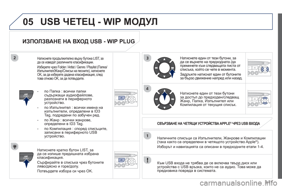 Peugeot Partner 2013  Ръководство за експлоатация (in Bulgarian) 9.71
05
ИЗПОЛЗВАНЕ НА ВХОД USB - WIP PLUG 
 
 
Натиснете кратко бутон LIST, за
да се изпише предишната избрана
класификация