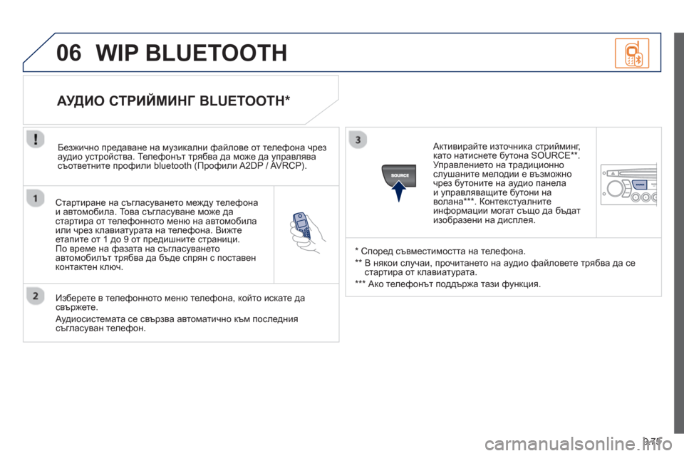 Peugeot Partner 2013  Ръководство за експлоатация (in Bulgarian) 9.75
06
   Стартиране на съгласуването между телефона и автомобила. То в а съгласуване може да стартира от телефо