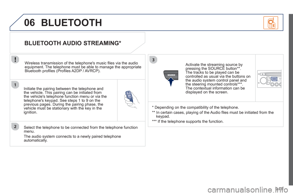 Peugeot Partner 2012 Owners Manual - RHD (UK, Australia) 9.75
06
Initiate the pairing between the telephone and
the vehicle. This pairing can be initiated from
the vehicles telephone function menu or via the
telephones ke
ypad. See steps 1 to 9 on t Peugeot Partner 2012 Owners Manual - RHD (UK, Australia) 9.75
06
Initiate the pairing between the telephone and
the vehicle. This pairing can be initiated from
the vehicles telephone function menu or via the
telephones ke
ypad. See steps 1 to 9 on t