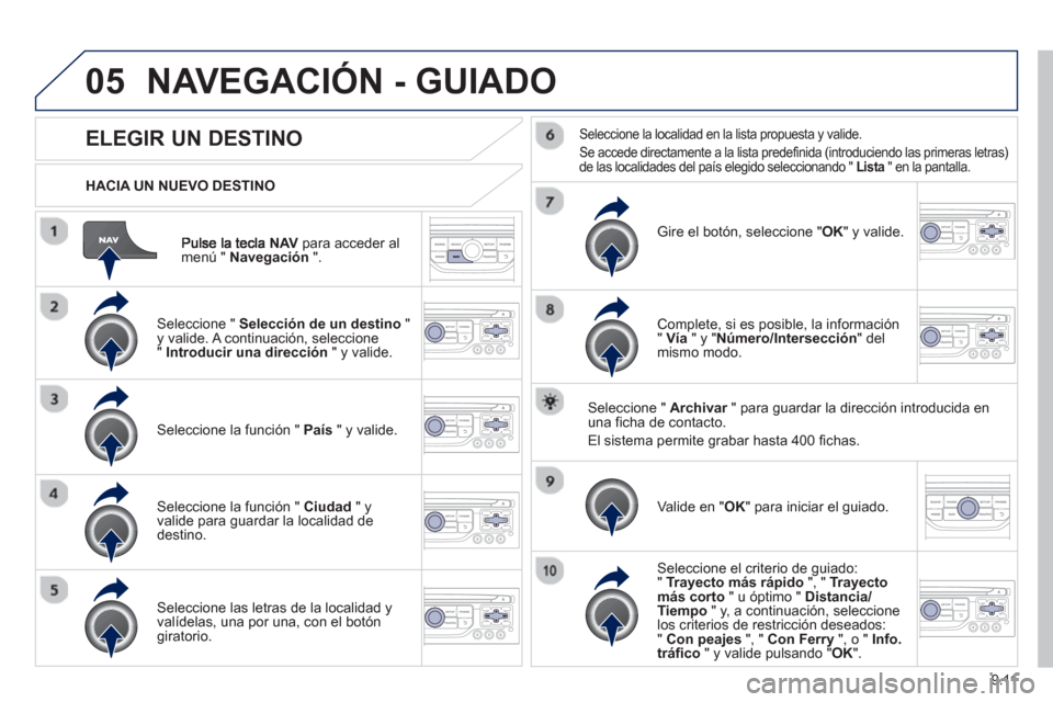 Peugeot Partner 2012 Manual del propietario (in Spanish) 9.11
05
NAV para acceder al
menú " Navegación".
HACIA UN NUEVO DESTINO
NAVEGACIÓN - GUIADO
ELEGIR UN DESTINO
Seleccione " Selección de un destino
" y valide. A co Peugeot Partner 2012 Manual del propietario (in Spanish) 9.11
05
NAV para acceder al
menú " Navegación".
HACIA UN NUEVO DESTINO
NAVEGACIÓN - GUIADO
ELEGIR UN DESTINO
Seleccione " Selección de un destino
" y valide. A co