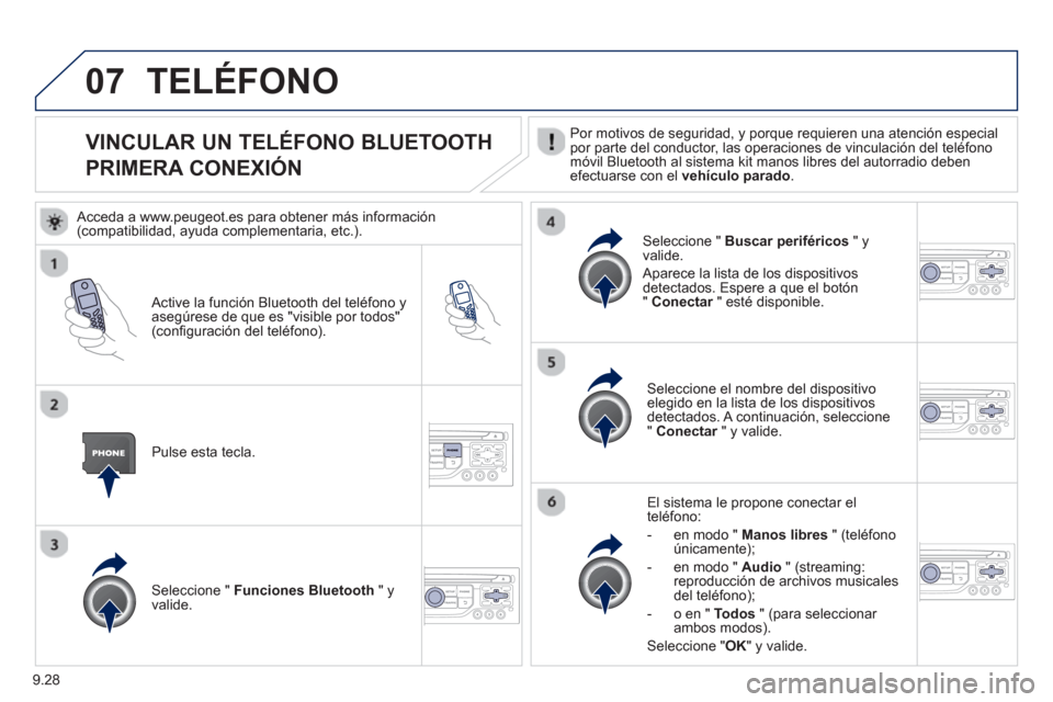 Peugeot Partner 2012 Manual del propietario (in Spanish) 9.28
07
VINCULAR UN TELÉFONO BLUETOOTH
PRIMERA CONEXIÓN Por motivos de seguridad, y porque requieren una atención especialpor parte del conductor, las operaciones de vinc Peugeot Partner 2012 Manual del propietario (in Spanish) 9.28
07
VINCULAR UN TELÉFONO BLUETOOTH
PRIMERA CONEXIÓN Por motivos de seguridad, y porque requieren una atención especialpor parte del conductor, las operaciones de vinc