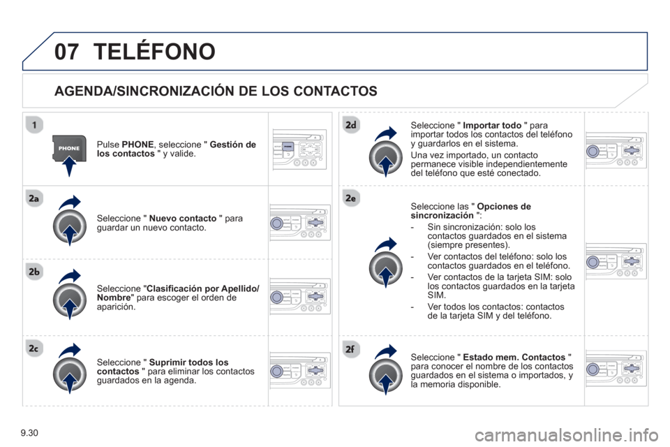 Peugeot Partner 2012 Manual del propietario (in Spanish) 9.30
07TELÉFONO
AGENDA/SINCRONIZACIÓN DE LOS CONTACTOS
Pulse PHONE, seleccione " Gestión de
los contactos
" y valide.
Seleccione " Nuevo contacto" paraguardar un nuevo contacto.
Peugeot Partner 2012 Manual del propietario (in Spanish) 9.30
07TELÉFONO
AGENDA/SINCRONIZACIÓN DE LOS CONTACTOS
Pulse PHONE, seleccione " Gestión de
los contactos
" y valide.
Seleccione " Nuevo contacto" paraguardar un nuevo contacto.