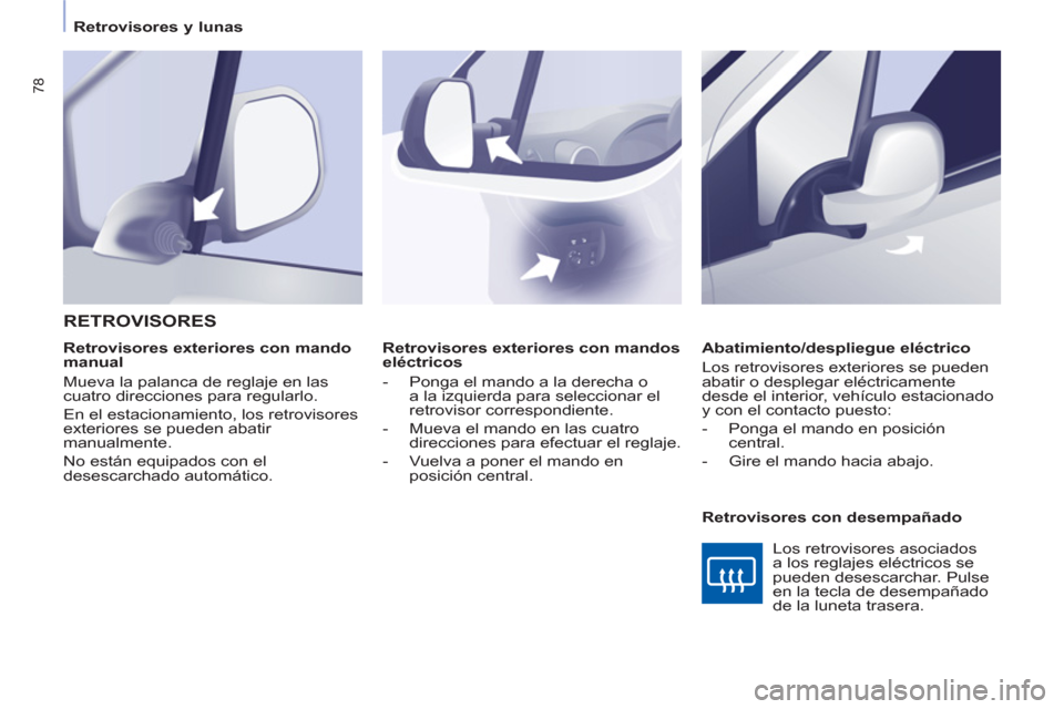 Peugeot Partner 2012  Manual del propietario (in Spanish)    
 
Retrovisores y lunas  
 
78
 
 
 
Retrovisores exteriores con mandos 
eléctricos 
   
 
-   Ponga el mando a la derecha o 
a la izquierda para seleccionar el 
retrovisor correspondiente. 
   
-