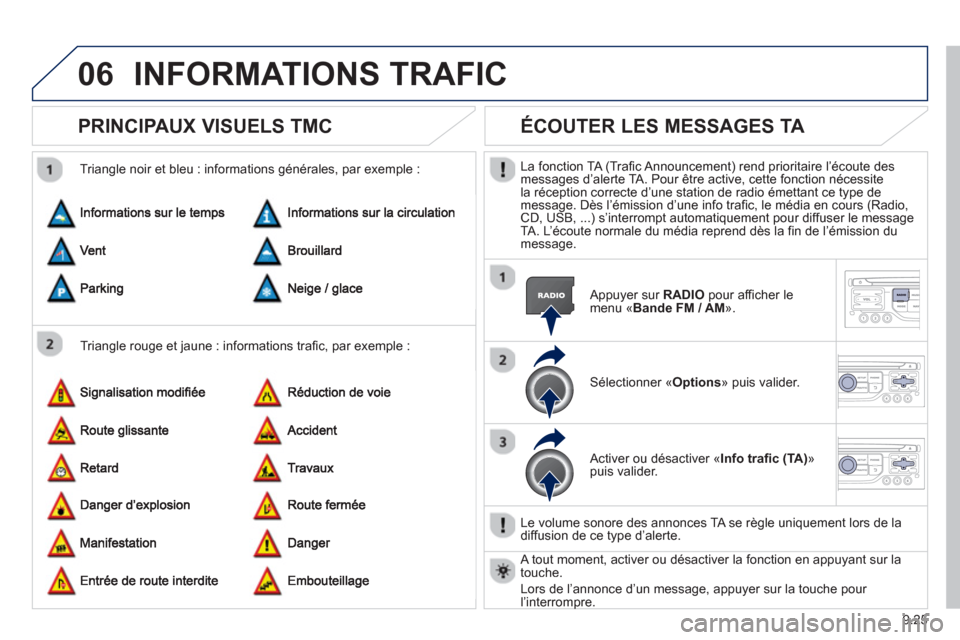 Peugeot Partner 2012  Manuel du propriétaire (in French) 9.25
06INFORMATIONS TRAFIC
PRINCIPAUX VISUELS TMC 
   
Triangle rouge et jaune : informations trafic, par exemple :    
Trian
gle noir et bleu : informations générales, par exemple :
ÉCOUTER LES ME