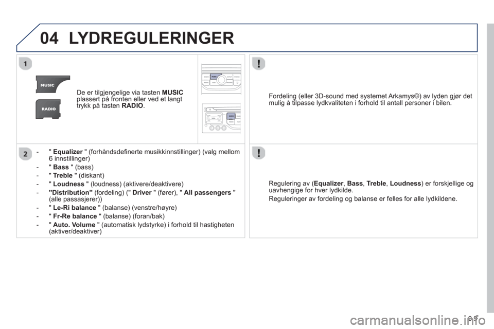 Peugeot Partner 2012  Brukerhåndbok (in Norwegian) 9.9
04LYDREGULERINGER 
De er tilgjengelige via tasten  MUSICplassert på fronten eller ved et langt 
trykk på tasten RADIO 
.
-"
Equalizer" (forhåndsdefinerte musikkinnstillinger) (valg mellom r6 in