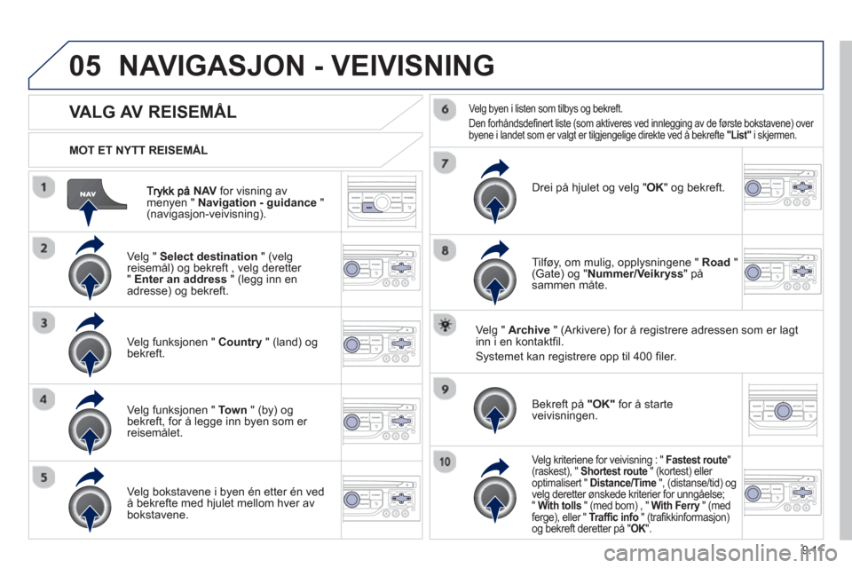Peugeot Partner 2012  Brukerhåndbok (in Norwegian) 9.11
05
NAVfor visning av
menyen "  Navigation - guidance 
 " (navigasjon-veivisning).      
MOT ET NYTT REISEM
ÅL
NAVIGASJON - VEIVISNING 
 
 
 
 
 
 
 
 
 
 VALG AV REISEMÅL 
 
 Velg "  Select des