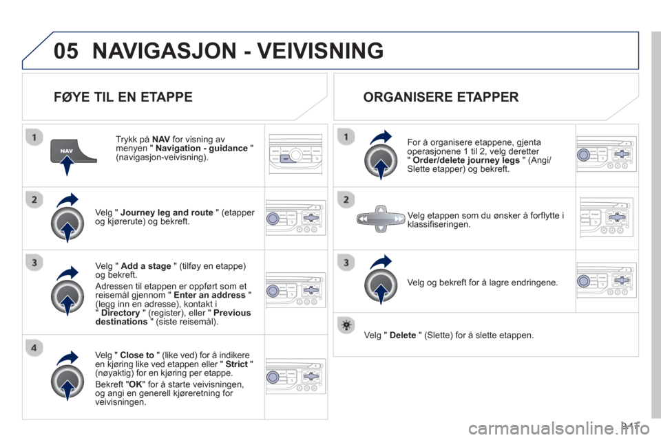 Peugeot Partner 2012  Brukerhåndbok (in Norwegian) 9.17
05NAVIGASJON - VEIVISNING 
   
FØYE TIL EN ETAPPE 
 
 
Trykk på NAVfor visning av menyen "  Navigation - guidance"(navigasjon-veivisning).
Ve l
g " Journey leg and route" (etapper 
og kjørerut