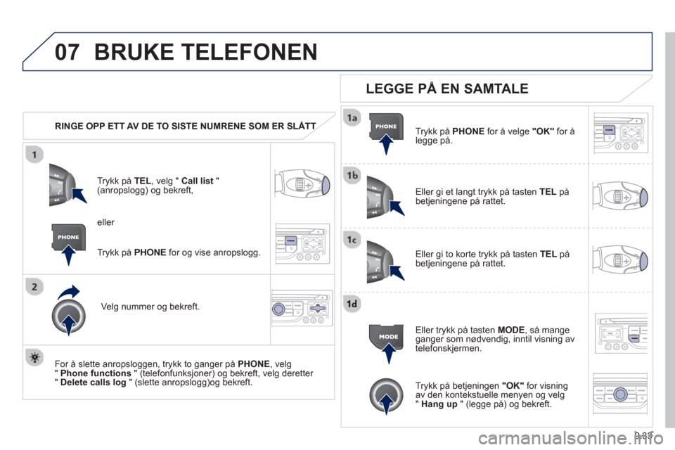 Peugeot Partner 2012  Brukerhåndbok (in Norwegian) 9.33
07BRUKE TELEFONEN 
   
 
RINGE OPP ETT AV DE TO SISTE NUMRENE SOM ER SLÅTTT
Trykk på  TEL  , velg " Call list"(anropslogg) og bekreft,
Ve l
g nummer og bekreft.  
   
For å slette anropslo
gge
