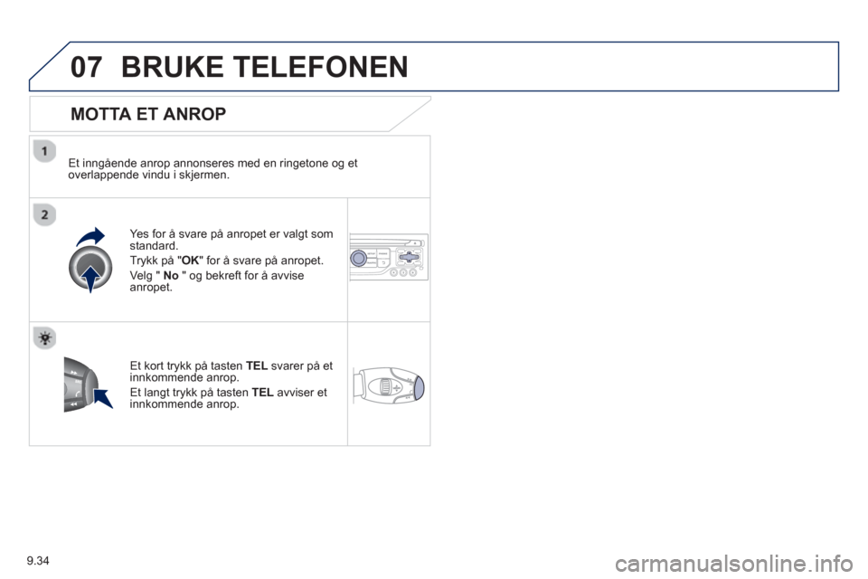Peugeot Partner 2012  Brukerhåndbok (in Norwegian) 9.34
07BRUKE TELEFONEN 
   
MOTTA ET ANROP 
 
 
Et inngående anrop annonseres med en ringetone og et
overlappende vindu i skjermen.
Yes for å svare på anropet er val
gt som standard.
Tr
ykk på "OK