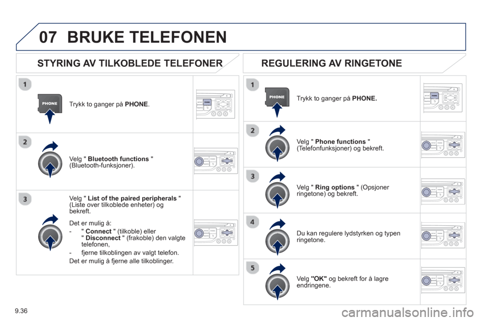 Peugeot Partner 2012  Brukerhåndbok (in Norwegian) 9.36
07
Trykk to ganger på PHONE.   
Ve l
g " List of the paired peripherals"(Liste over tilkoblede enheter) og bekreft.
Det er muli
g å: 
-"Connec
t" (tilkoble) eller
"Disconnect   " (frakoble) den