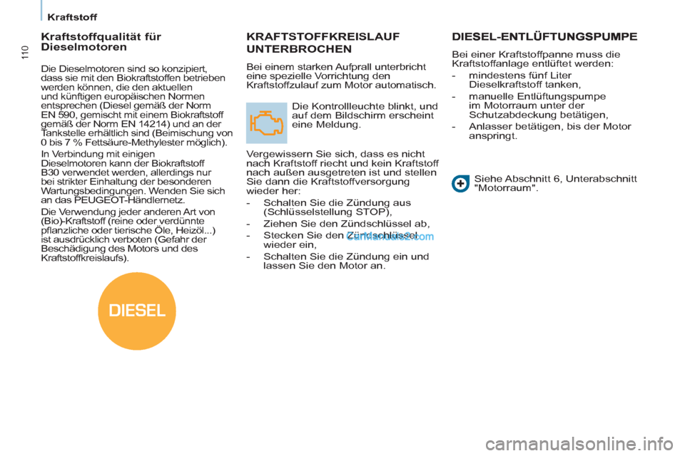 Peugeot Partner 2011  Owners Manual DIESEL
11 0
   
 
Kraftstoff  
 
KRAFTSTOFFKREISLAUF
UNTERBROCHEN 
 
Bei einem starken Aufprall unterbricht 
eine spezielle Vorrichtung den 
Kraftstoffzulauf zum Motor automatisch. 
  Die Kontrollleuc