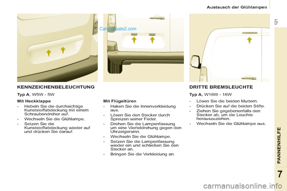 Peugeot Partner 2011  Owners Manual 121
PANNENHI
LFE
7
Austausch der Glühlampen
  KENNZEICHENBELEUCHTUNG
 
 
 
 
-   Lösen Sie die beiden Muttern. 
   
-   Drücken Sie auf die beiden Stifte. 
   
-   Ziehen Sie gegebenenfalls den 
St
