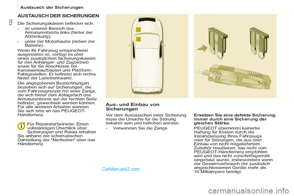 Peugeot Partner 2011  Owners Manual 122
   
 
Austausch der Sicherungen  
 
 
AUSTAUSCH DER SICHERUNGEN
 
Die Sicherungskästen beﬁ nden sich: 
   
 
-   im unteren Bereich des 
Armaturenbretts links (hinter der 
Abdeckung), 
   
-   