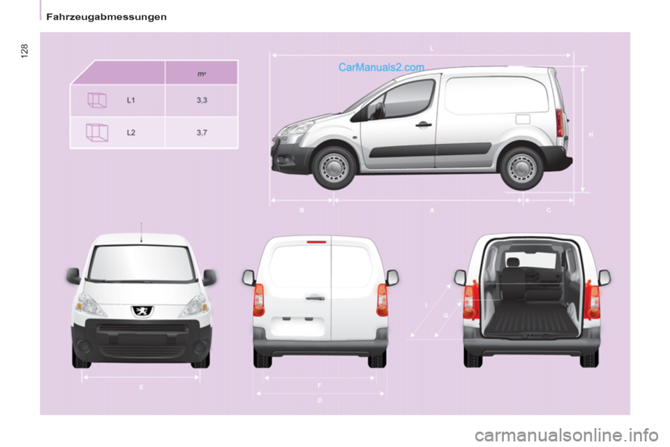 Peugeot Partner 2011  Owners Manual    
 
Fahrzeugabmessungen  
 
128  