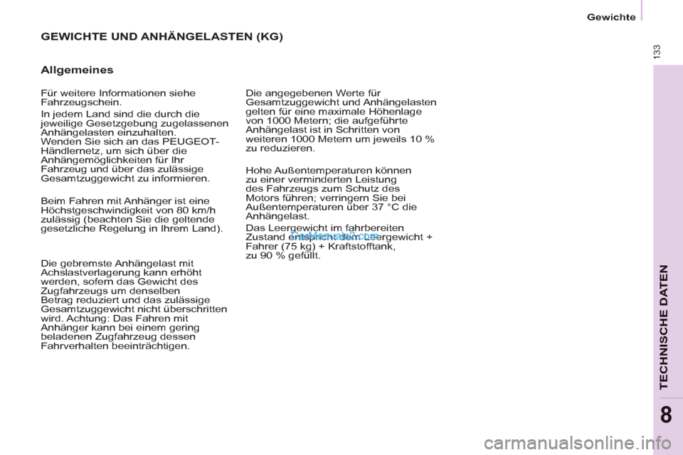 Peugeot Partner 2011  Owners Manual 133
TECHNISCHE DATEN
8
Gewichte
  GEWICHTE UND ANHÄNGELASTEN (KG) 
   
Allgemeines 
 
Die angegebenen Werte für 
Gesamtzuggewicht und Anhängelasten 
gelten für eine maximale Höhenlage 
von 1000 M