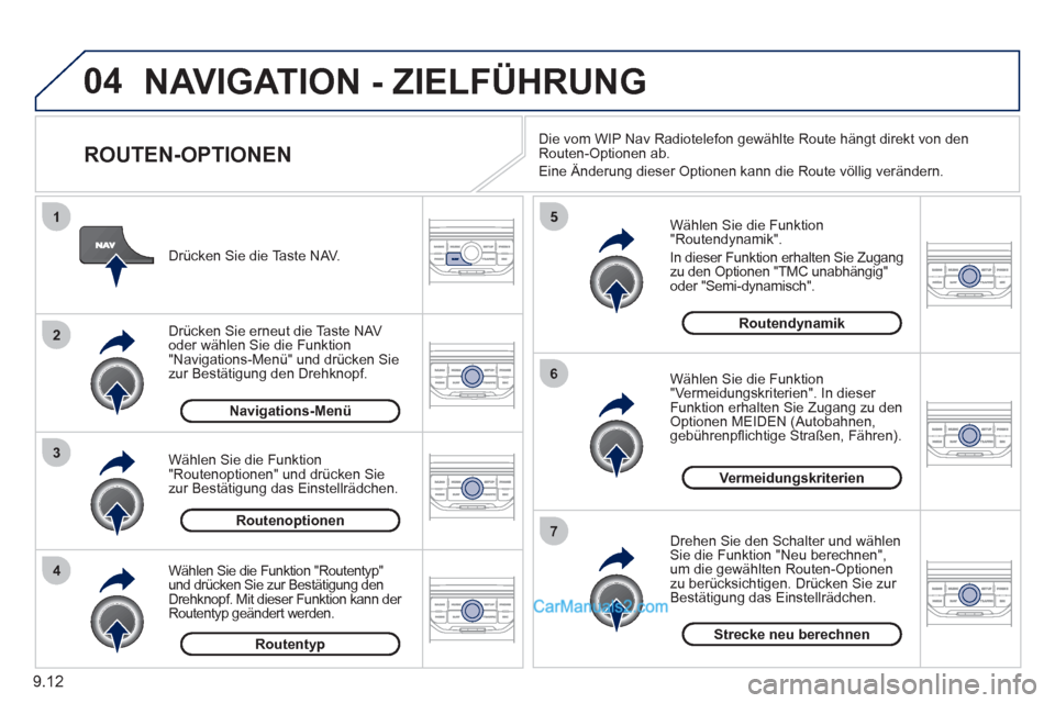 Peugeot Partner 2011  Owners Manual 9.12
04
4
3
2
1
7
6
5
NAVIGATION - ZIELFÜHRUNG 
   
ROUTEN-OPTIONEN 
 
 
Wählen Sie die Funktion 
 "Routendynamik".
  In dieser Funktion erhalten 
Sie Zugang
zu den Optionen  "TMC unabhängig" 
oder