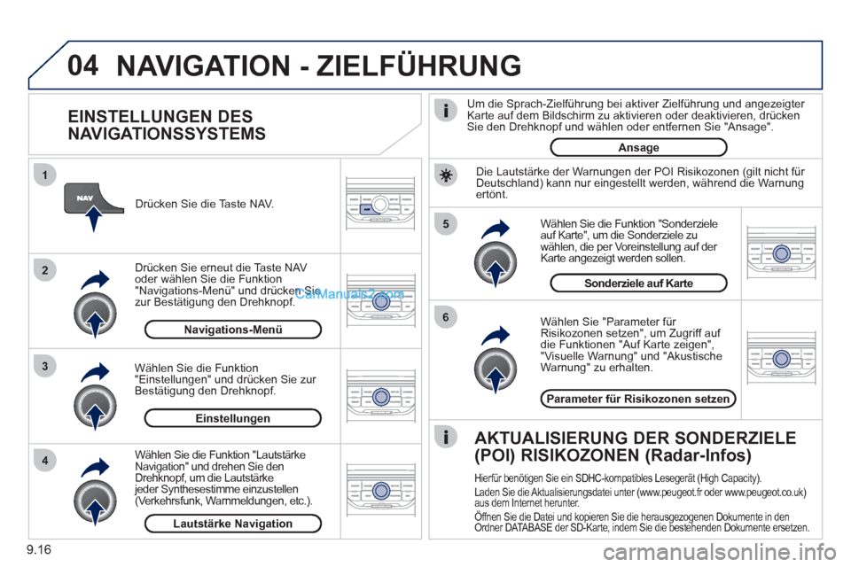 Peugeot Partner 2011  Owners Manual 9.16
04
5
6
3 2 1
4
   
EINSTELLUNGEN DES 
NAVIGATIONSSYSTEMS 
   
Wählen Sie  "Parameter für Risikozonen setzen" , um Zugriff auf 
die Funktionen  "Auf Karte zeigen" ,
  "Visuelle Warnung"  und  "A