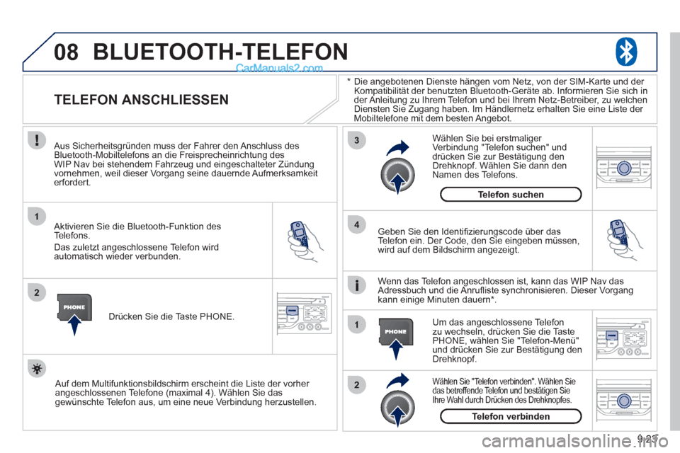 Peugeot Partner 2011  Owners Manual 9.23
08
1
2
3
2 1 4
*   
 Die angebotenen Dienste hängen vom Netz, von der SIM-Karte und der 
Kompatibilität der benutzten Bluetooth-Geräte ab. Informieren Sie sich in
der Anleitung zu Ihrem Telefo