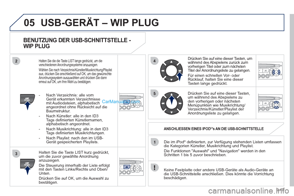Peugeot Partner 2011  Owners Manual 9.43
05
42
3
1
5
USB-GERÄT – WIP PLUG
   
BENUTZUNG DER USB-SCHNITTSTELLE - 
WIP PLUG 
   
Halten Sie die Taste LIST kurz gedrückt,
um die zuvor gewählte Anordnunganzuzeigen. 
  Die 
Steuerung in