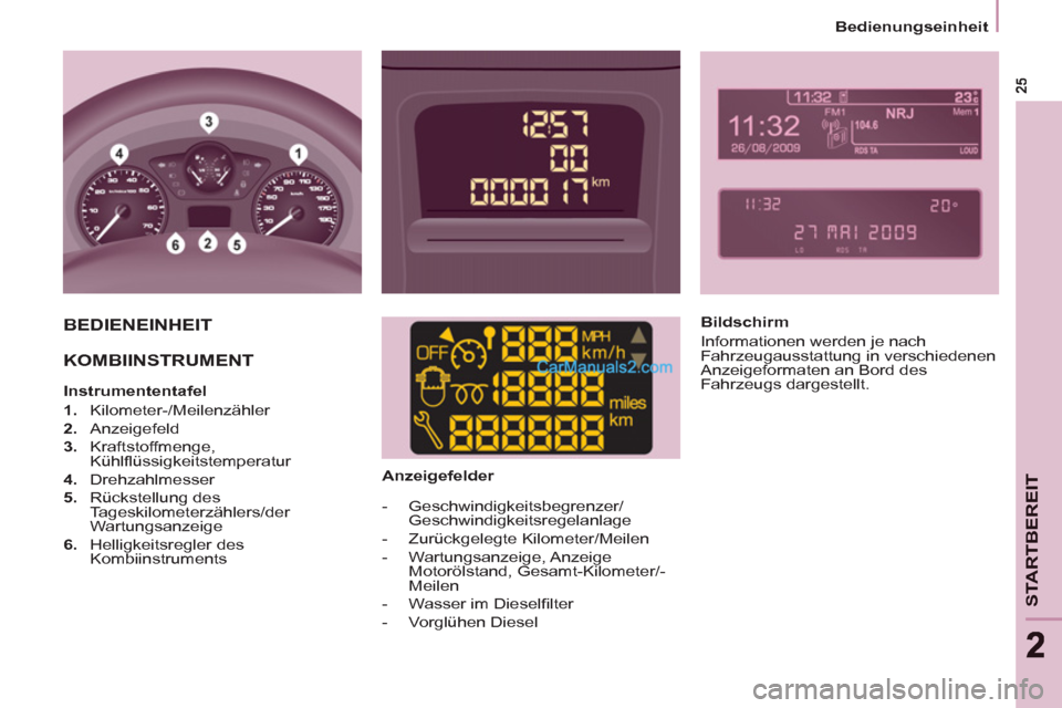 Peugeot Partner 2011  Owners Manual STARTBEREIT
22
   
 
Bedienungseinheit  
 
 BEDIENEINHEIT 
 
  KOMBIINSTRUMENT  
 
 
 
Instrumententafel 
   
 
1. 
 Kilometer-/Meilenzähler 
   
2. 
 Anzeigefeld 
   
3. 
 Kraftstoffmenge, 
Kühlﬂ