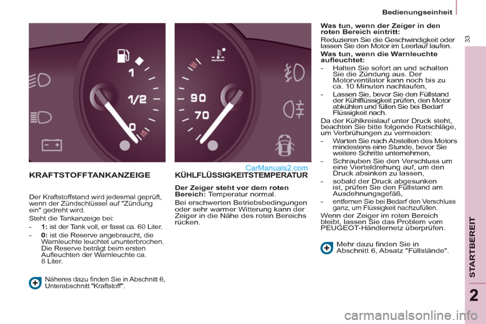 Peugeot Partner 2011  Owners Manual 33
STARTBEREI
T
22
   
 
Bedienungseinheit  
 
 
KRAFTSTOFFTANKANZEIGEKÜHLFLÜSSIGKEITSTEMPERATUR 
 
 
Der Zeiger steht vor dem roten 
Bereich: 
 Temperatur normal. 
  Bei erschwerten Betriebsbedingu