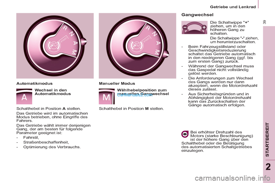 Peugeot Partner 2011  Owners Manual 39
STARTBEREIT
22
Getriebe und Lenkrad
   
Gangwechsel 
 
 
Bei erhöhter Drehzahl des 
Motors (starke Beschleunigung) 
ist der höhere Gang über den 
Schalthebel oder die Betätigung 
des automatisi
