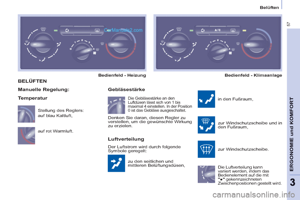 Peugeot Partner 2011  Owners Manual Belüften
57
ERGONOMIE und KOMFOR
T
33
  BELÜFTEN 
 
zu den seitlichen und 
mittleren Belüftungsdüsen, 
   
Gebläsestärke 
 
in den Fußraum, 
  zur Windschutzscheibe und in 
den Fußraum, 
  zur