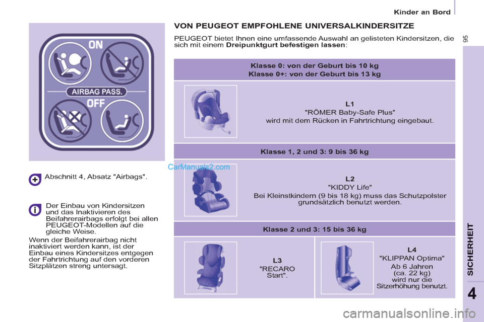 Peugeot Partner 2011  Owners Manual Kinder an Bord
95
SICHERHEI
T
4
   
Abschnitt 4, Absatz "Airbags".  
   
 
Der Einbau von Kindersitzen 
und das Inaktivieren des 
Beifahrerairbags erfolgt bei allen 
PEUGEOT-Modellen auf die 
gleiche 