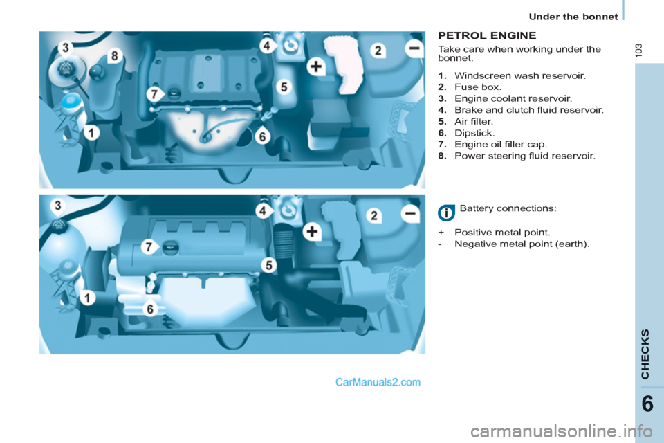 Peugeot Partner 2011  Owners Manual - RHD (UK, Australia) 103
CHECK
S
6
   
 
Under the bonnet  
 
 
 
PETROL ENGINE 
 
 
 
 
1. 
  Windscreen wash reservoir. 
   
2. 
 Fuse box. 
   
3. 
  Engine coolant reservoir. 
   
4. 
  Brake and clutch ﬂ uid reserv
