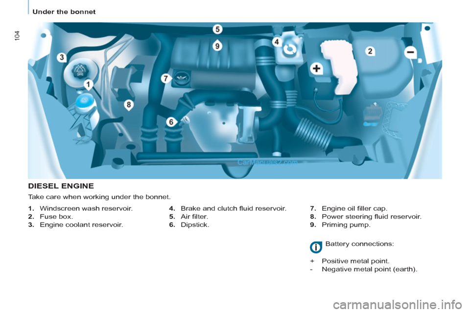 Peugeot Partner 2011  Owners Manual - RHD (UK, Australia) 104
Under the bonnet
   
DIESEL ENGINE 
 
 
4. 
  Brake and clutch ﬂ uid reservoir. 
   
5. 
 Air ﬁ lter. 
   
6. 
 Dipstick.    
7. 
 Engine oil ﬁ ller cap. 
   
8. 
 Power steering ﬂ uid res