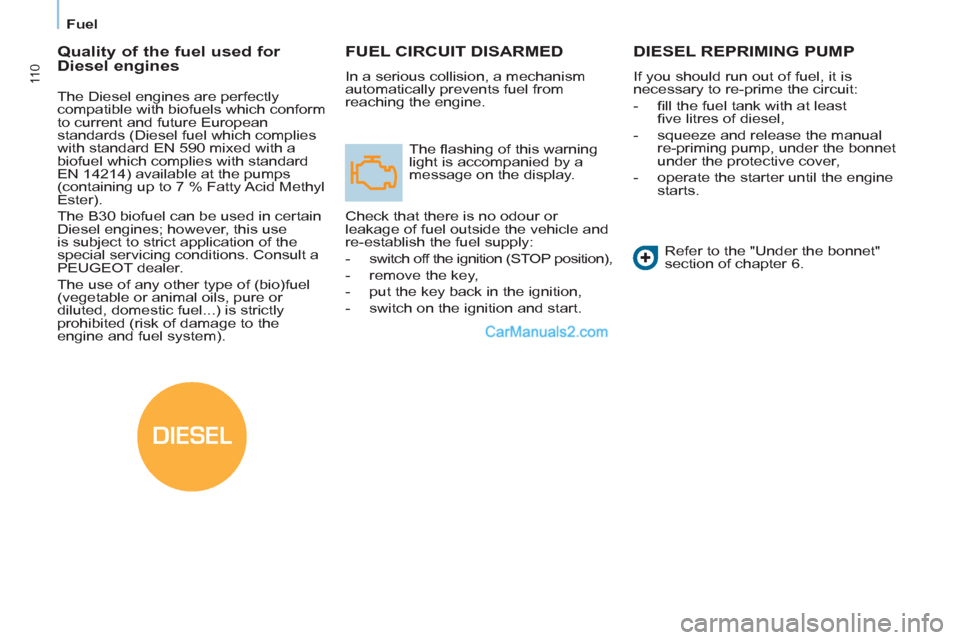 Peugeot Partner 2011  Owners Manual - RHD (UK, Australia) DIESEL
11 0
  Fuel 
FUEL CIRCUIT DISARMED
 
In a serious collision, a mechanism 
automatically prevents fuel from 
reaching the engine. 
  The ﬂ ashing of this warning 
light is accompanied by a 
me