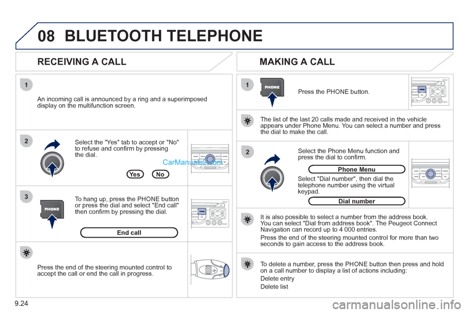 Peugeot Partner 2011 Owners Manual - RHD (UK, Australia) 08
1
3 2
2 1
9.24
Select the "Yes" tab to accept or "No"
to refuse and confi rm by pressing
the dial.
RECEIVING A CALL
MAKING A CALL
An incoming call is announced by a ring and a superi Peugeot Partner 2011 Owners Manual - RHD (UK, Australia) 08
1
3 2
2 1
9.24
Select the "Yes" tab to accept or "No"
to refuse and confi rm by pressing
the dial.
RECEIVING A CALL
MAKING A CALL
An incoming call is announced by a ring and a superi