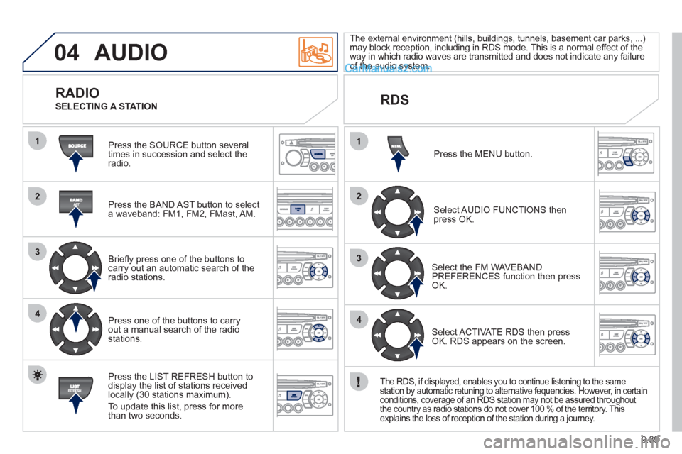 Peugeot Partner 2011 Owners Manual - RHD (UK, Australia) 9.39
04
1
2
3
4
1
2
3
4
AUDIO
Press the SOURCE button several
times in succession and select theradio.
Press the BAND A
ST button to select
a waveband: FM1, FM2, FMast, AM.
Briefl
y Peugeot Partner 2011 Owners Manual - RHD (UK, Australia) 9.39
04
1
2
3
4
1
2
3
4
AUDIO
Press the SOURCE button several
times in succession and select theradio.
Press the BAND A
ST button to select
a waveband: FM1, FM2, FMast, AM.
Briefl
y