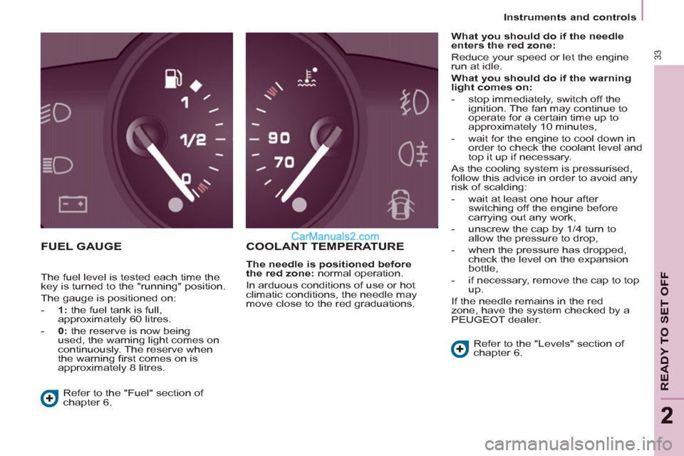 Peugeot Partner 2011  Owners Manual - RHD (UK, Australia) 33
READY TO SET OFF
22
   
 
Instruments and controls  
 
 
FUEL GAUGE COOLANT TEMPERATURE
 
 
The needle is positioned before 
the red zone: 
 normal operation. 
  In arduous conditions of use or hot