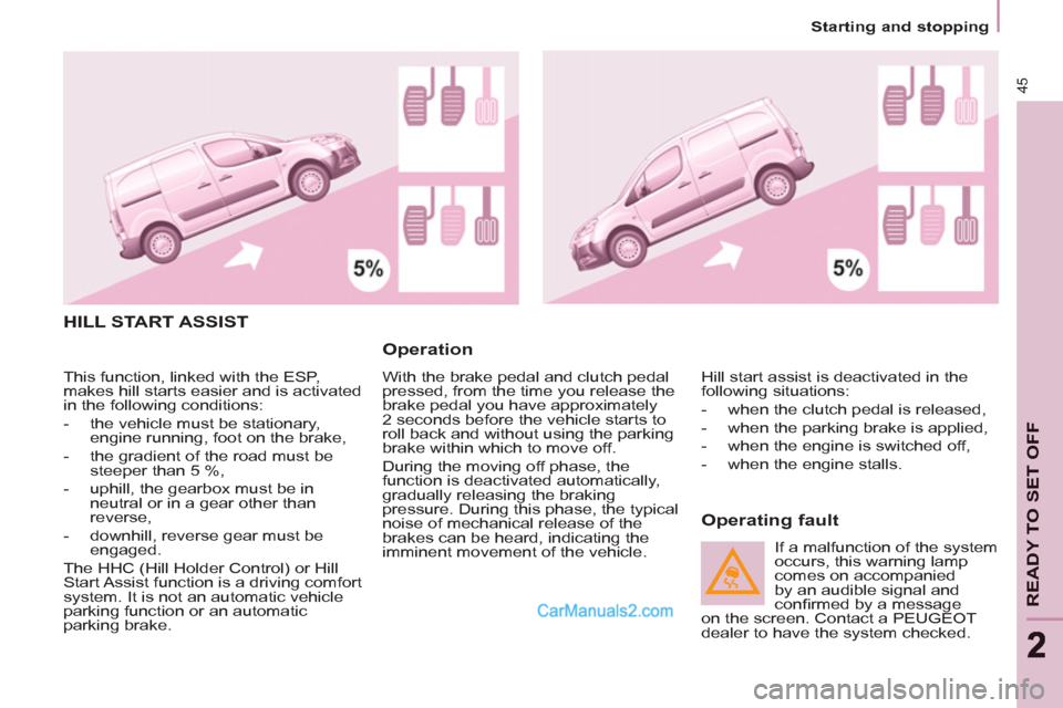 Peugeot Partner 2011  Owners Manual - RHD (UK, Australia) 45
READY TO SET OFF
22
Starting and stopping
  HILL START ASSIST
   
Operation 
 
With the brake pedal and clutch pedal 
pressed, from the time you release the 
brake pedal you have approximately 
2 s