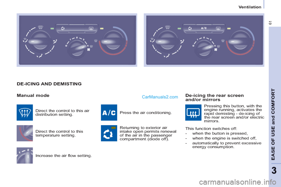 Peugeot Partner 2011  Owners Manual - RHD (UK, Australia) 61
EASE OF USE and COMFOR
T
33
   
 
 
 
 
Ventilation  
 
 
 
 
 
DE-ICING AND DEMISTING 
   
Manual mode 
 
Direct the control to this 
temperature setting. 
  Increase the air ﬂ ow setting.   Pre