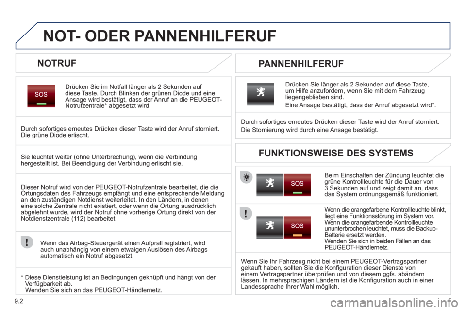 Peugeot Partner 2011  Betriebsanleitung (in German) 9.2
   
 
 
 
 
 
NOT- ODER PANNENHILFERUF 
 
 
NOTRUF 
Drücken Sie im Notfall länger als 2 Sekunden auf 
diese Taste. Durch Blinken der grünen Diode und eine
Ansage wird bestätigt, dass der Anruf