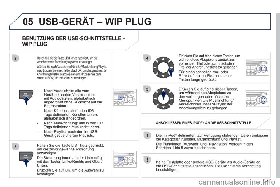Peugeot Partner 2011  Betriebsanleitung (in German) 9.43
05
42
3
1
5
USB-GERÄT – WIP PLUG
   
BENUTZUNG DER USB-SCHNITTSTELLE - 
WIP PLUG 
   
Halten Sie die Taste LIST kurz gedrückt,
um die zuvor gewählte Anordnunganzuzeigen. 
  Die 
Steuerung in