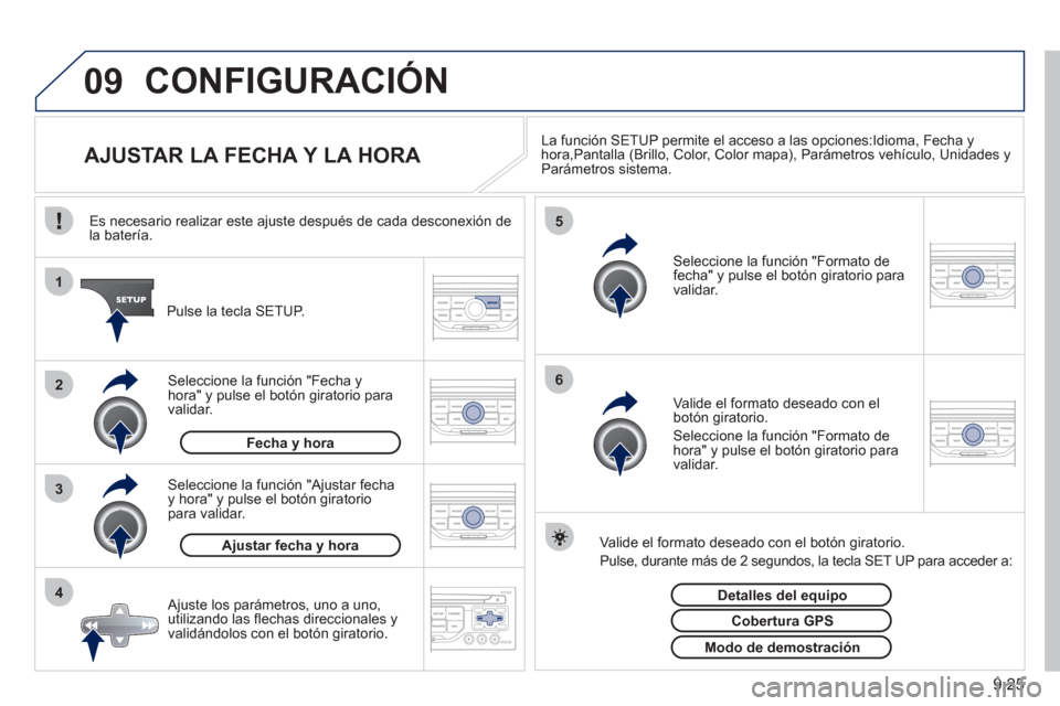 Peugeot Partner 2011 Manual del propietario (in Spanish) 9.25
09
4 3 2 1
65
CONFIGURACIÓN
AJUSTAR LA FECHA Y LA HORA La función SETUP permite el acceso a las opciones:Idioma, Fecha y
hora,Pantalla (Brillo, Color, Color map Peugeot Partner 2011 Manual del propietario (in Spanish) 9.25
09
4 3 2 1
65
CONFIGURACIÓN
AJUSTAR LA FECHA Y LA HORA La función SETUP permite el acceso a las opciones:Idioma, Fecha y
hora,Pantalla (Brillo, Color, Color map
